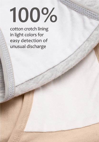 Crotch inner lining made of 100% cotton fabric, Intimate Portal choose light colors for easy detection of any unusual spotting.